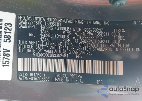 2013 Toyota Sienna Le V6 8 Passenger из США, поврежденный, VIN 5TDKK3DC0DS302481